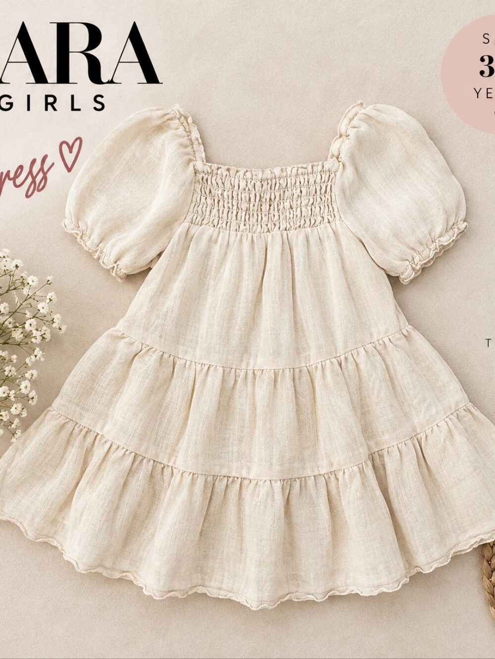 Zara Girls Cream Tiered Puff Sleeve Dress Size 3-4Y